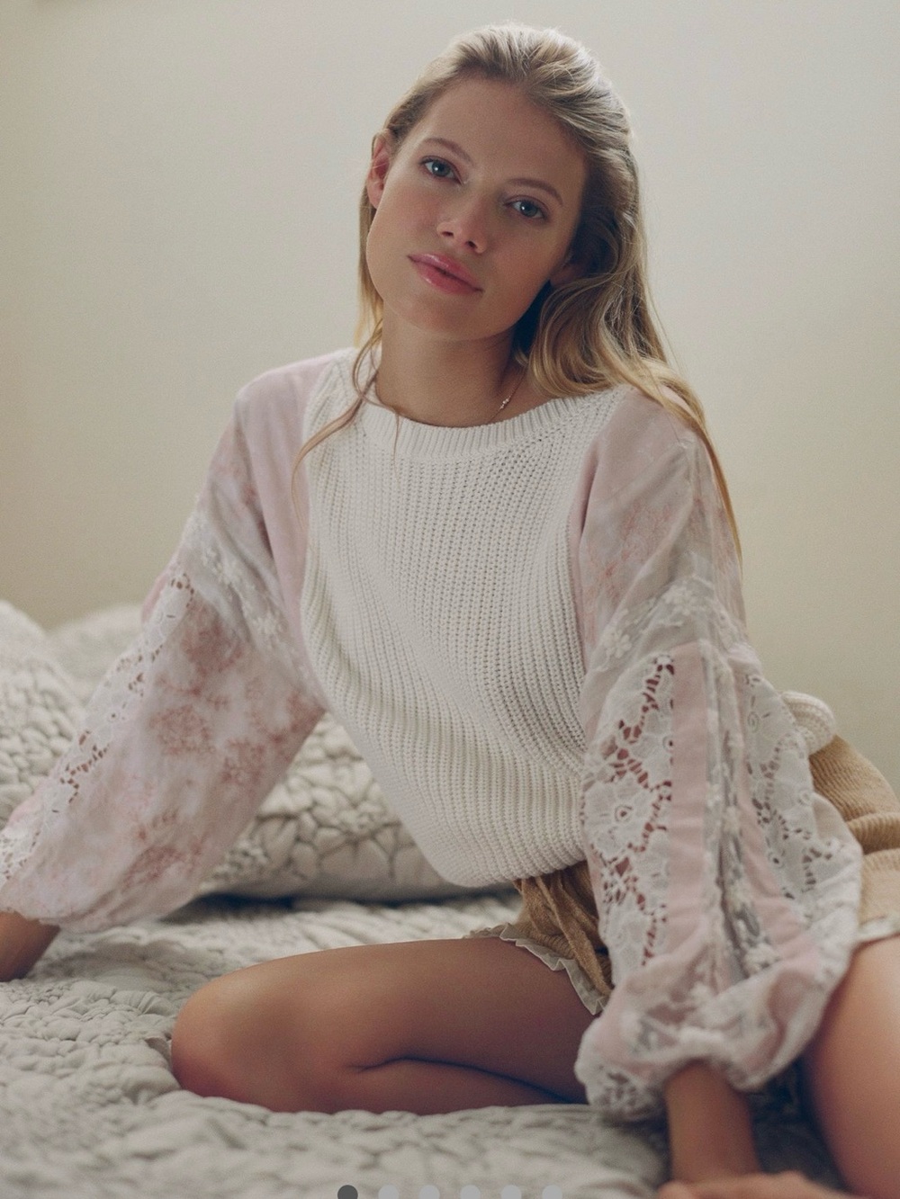 Pilcro Martine Ivory Knit Sweater with Pink Lace Bohemian Balloon Sleeves
